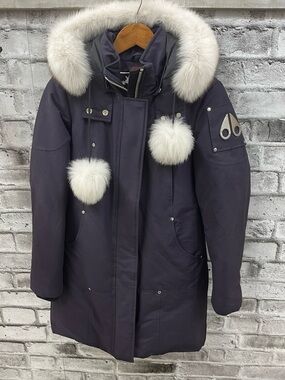 Moose Knuckles Plum Puffer Parka with White Fur Trim